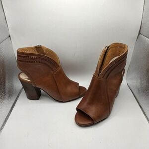 Diba True Inner Voice Tan Leather Peep Toe Cutout Block Heel Booties Womens 8.5